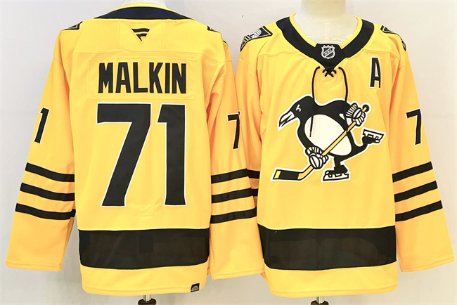 Men's Pittsburgh Penguins #71 Evgeni Malkin Gold 2025/26 With A Patch Alternate Stitched Hockey Jersey